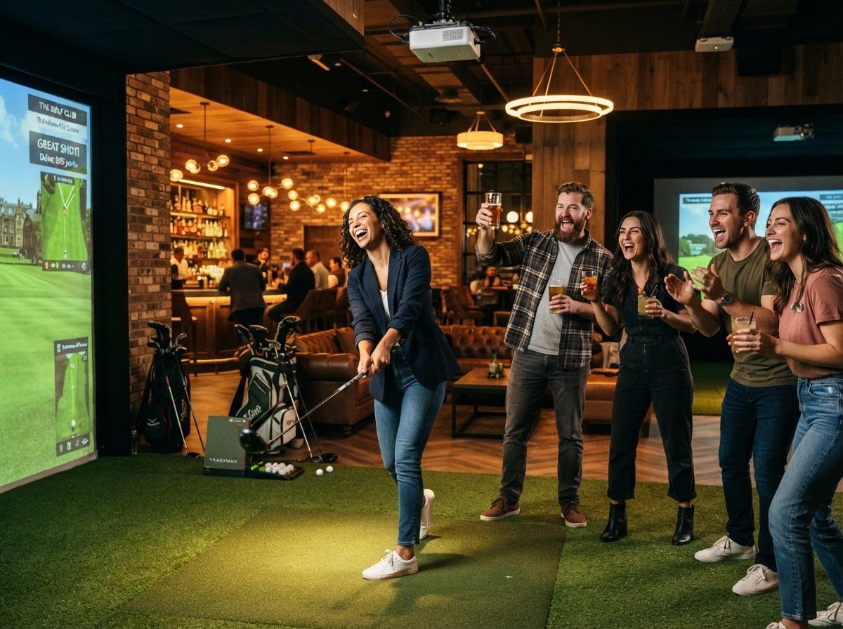 Freunde haben Spaß beim Indoor Golf in der Golden Golf Lounge